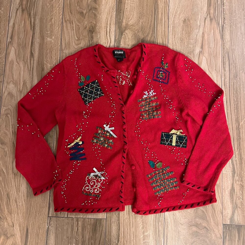 Designs Original Studios 1990 Vintage Christmas Cardigan Red Sweater Presents